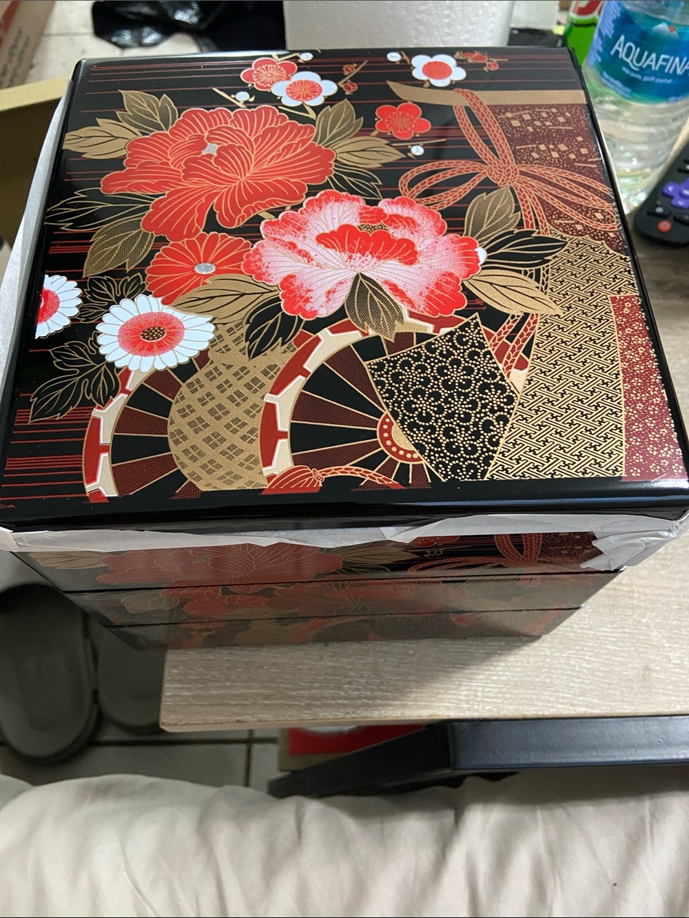 Vintage Japanese Lacquer Black & Gold 3 Tier Stacking 7" Floral Design Box